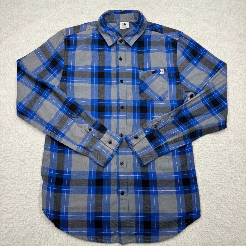 DC Shoes‎ Shirt Gray Blue Plaid Flannel Long Sleeve Button Up Skate Men's Size M